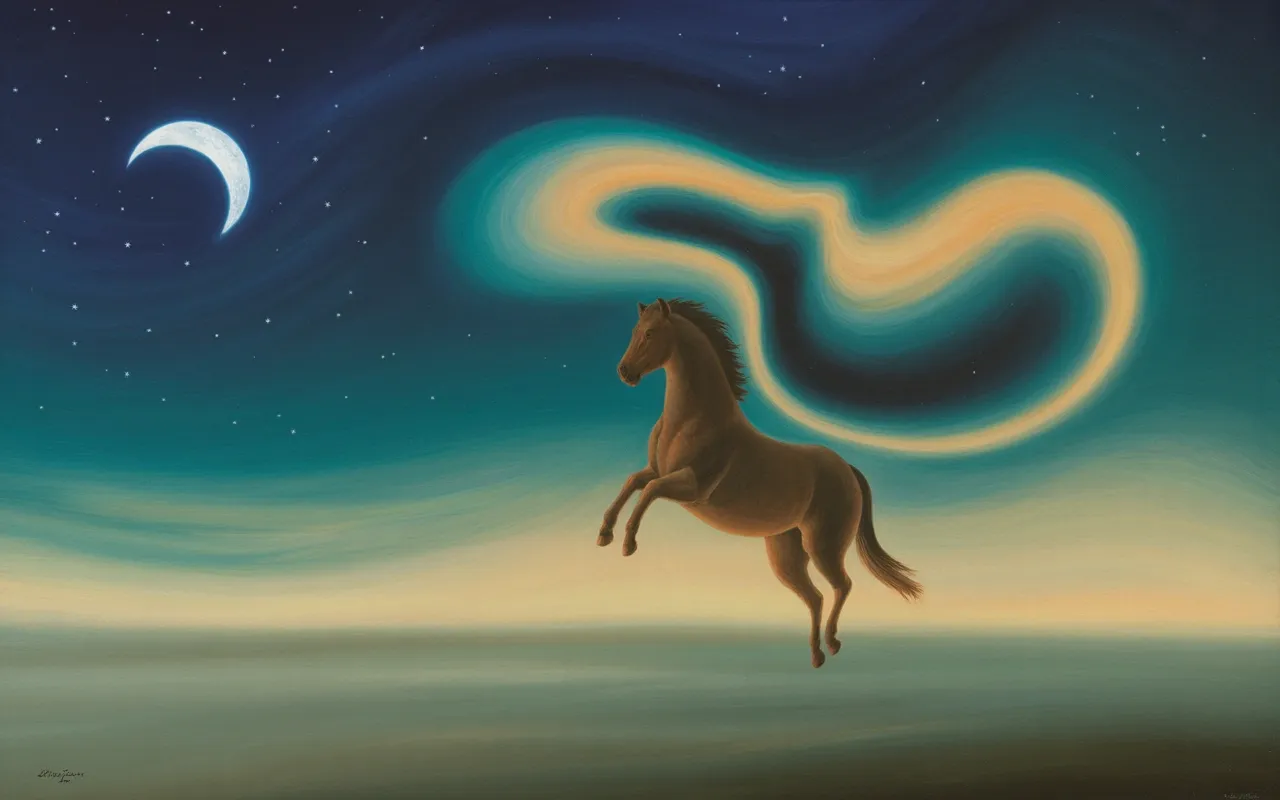 Wild stallion horse in Jungian surrealist dreamscape with teal and amber swirling light, crescent moon, painterly oil style