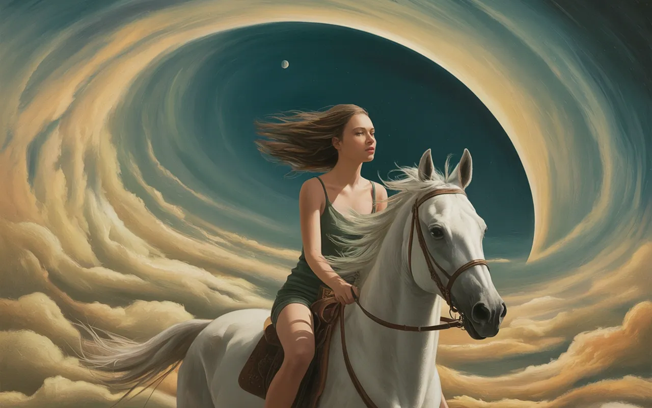 Woman riding white horse through surreal golden and teal dreamscape with crescent moon, semi-realistic painterly style