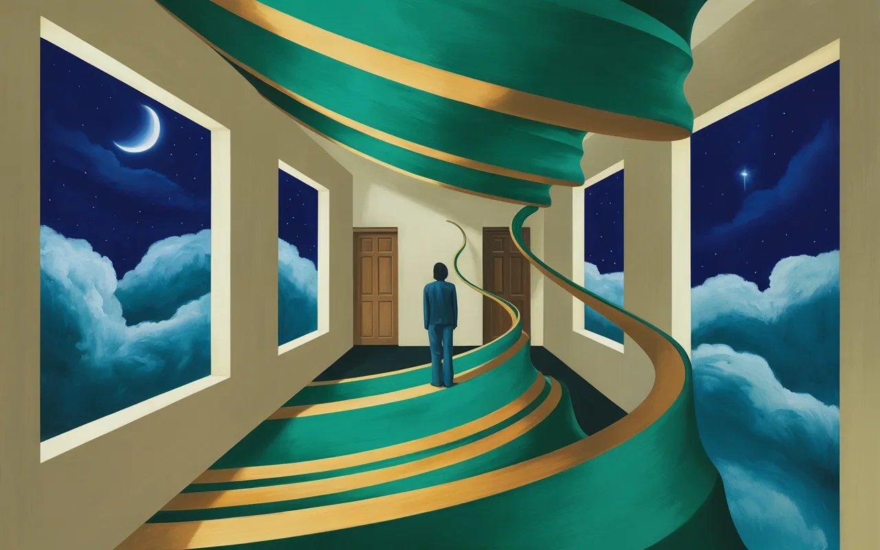 Jungian dreamscape of a shifting house with morphing doorways and swirling teal light