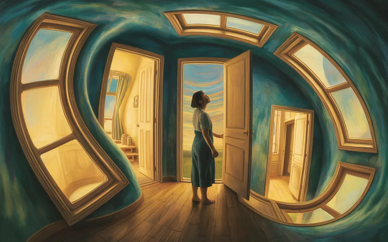 Woman exploring dreamlike shifting house interior with warm golden and teal light