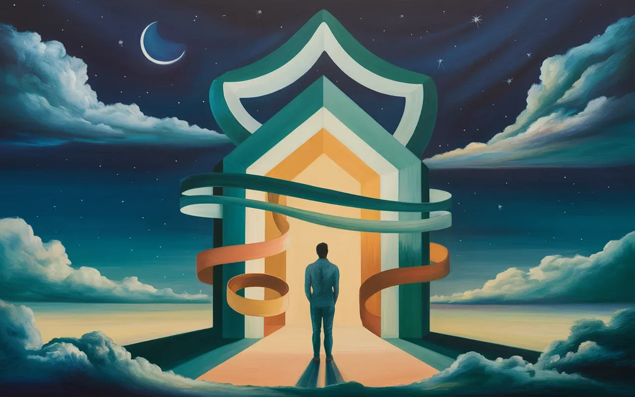 Jungian dreamscape with symbolic house of light and shadow floating in surrealist night sky