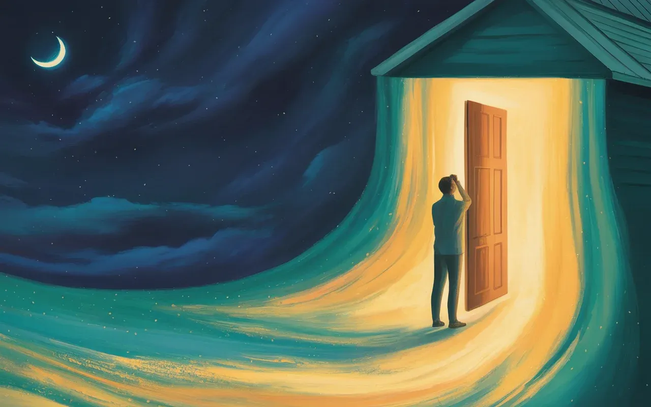 Person standing at a glowing dream house doorway under a crescent moon, painterly surrealist dreamscape