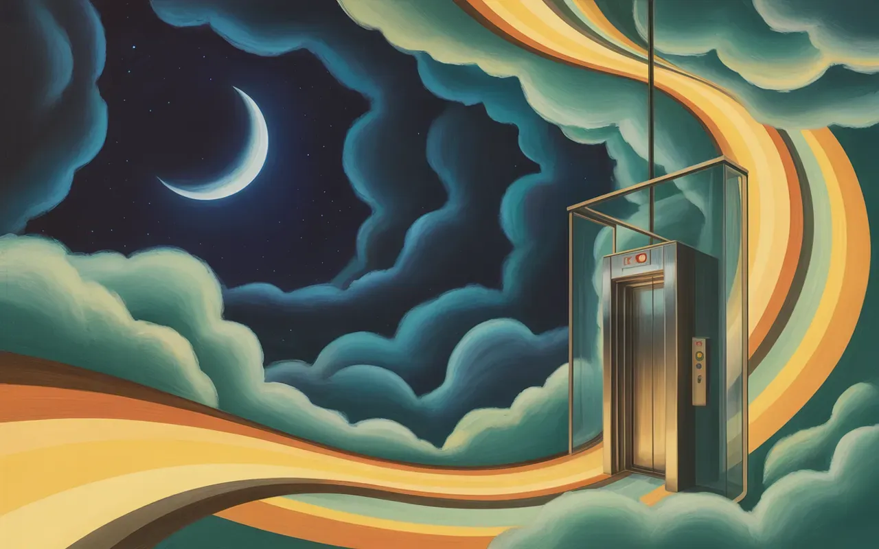 Falling elevator in abstract Jungian dreamscape