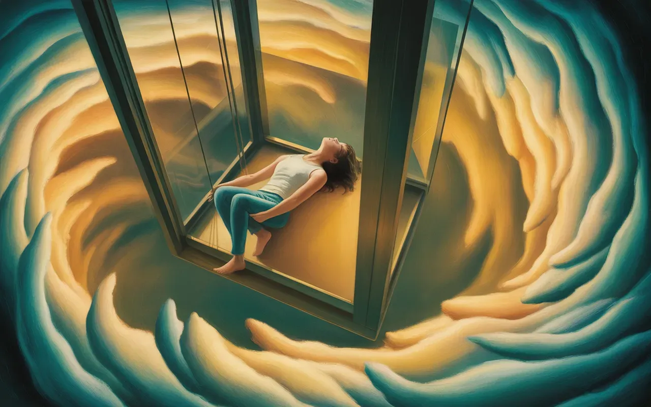 Person experiencing falling elevator, emotional moment