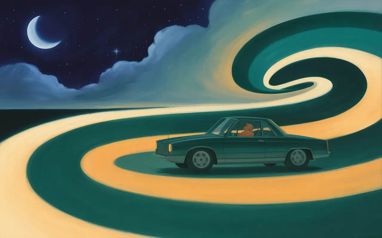 Car with passenger in abstract Jungian dreamscape