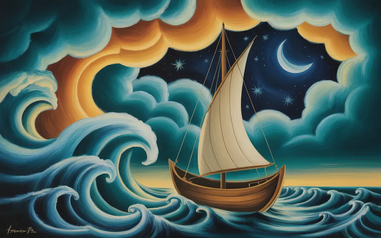 Plane flying over water in Jungian dreamscape