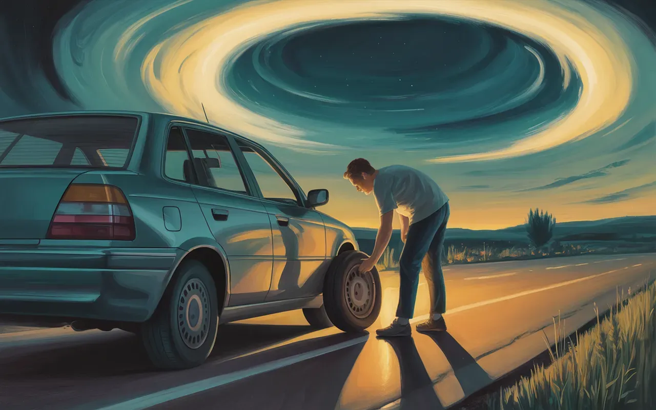 Person changing flat tire in dream