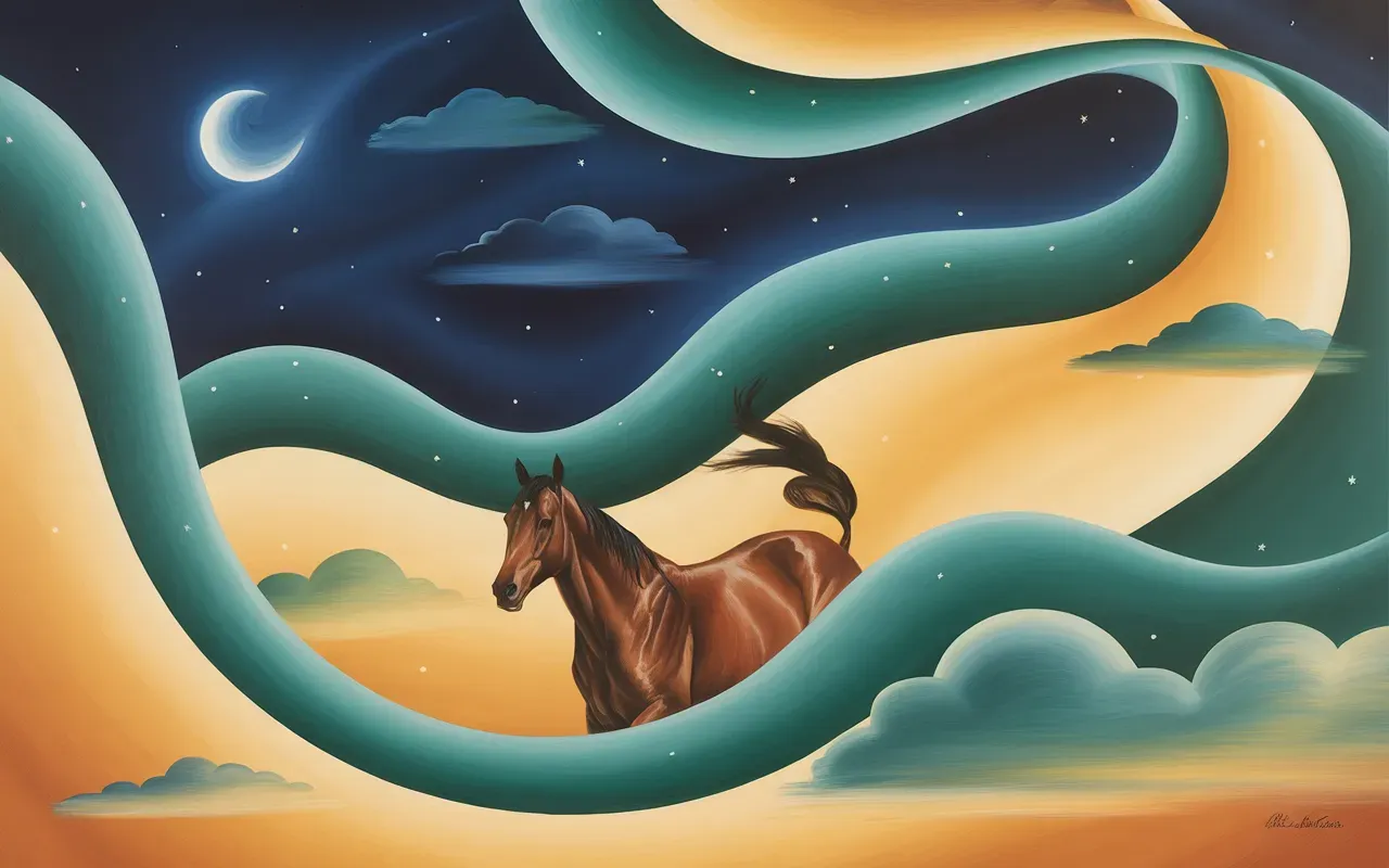 Horse in abstract Jungian dreamscape with teal and amber light, navy sky, crescent moon