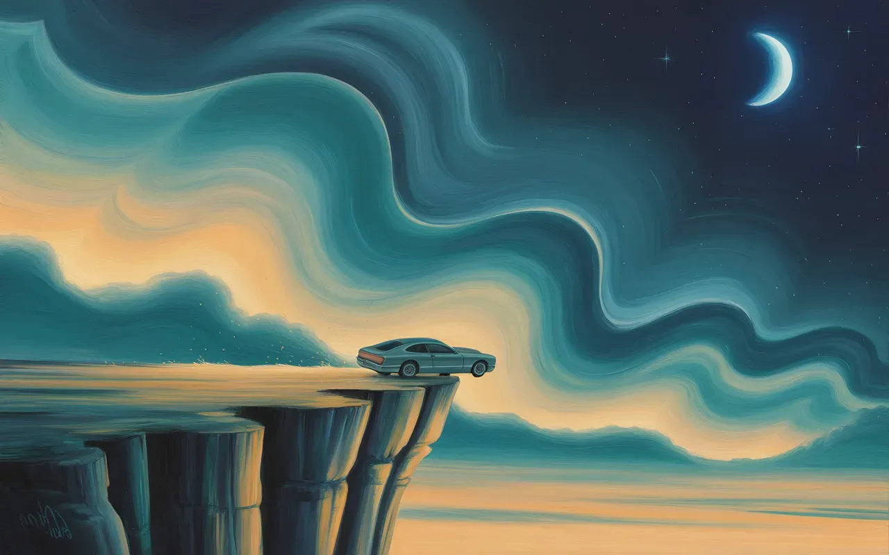 Car plunging off a cliff in abstract Jungian dreamscape