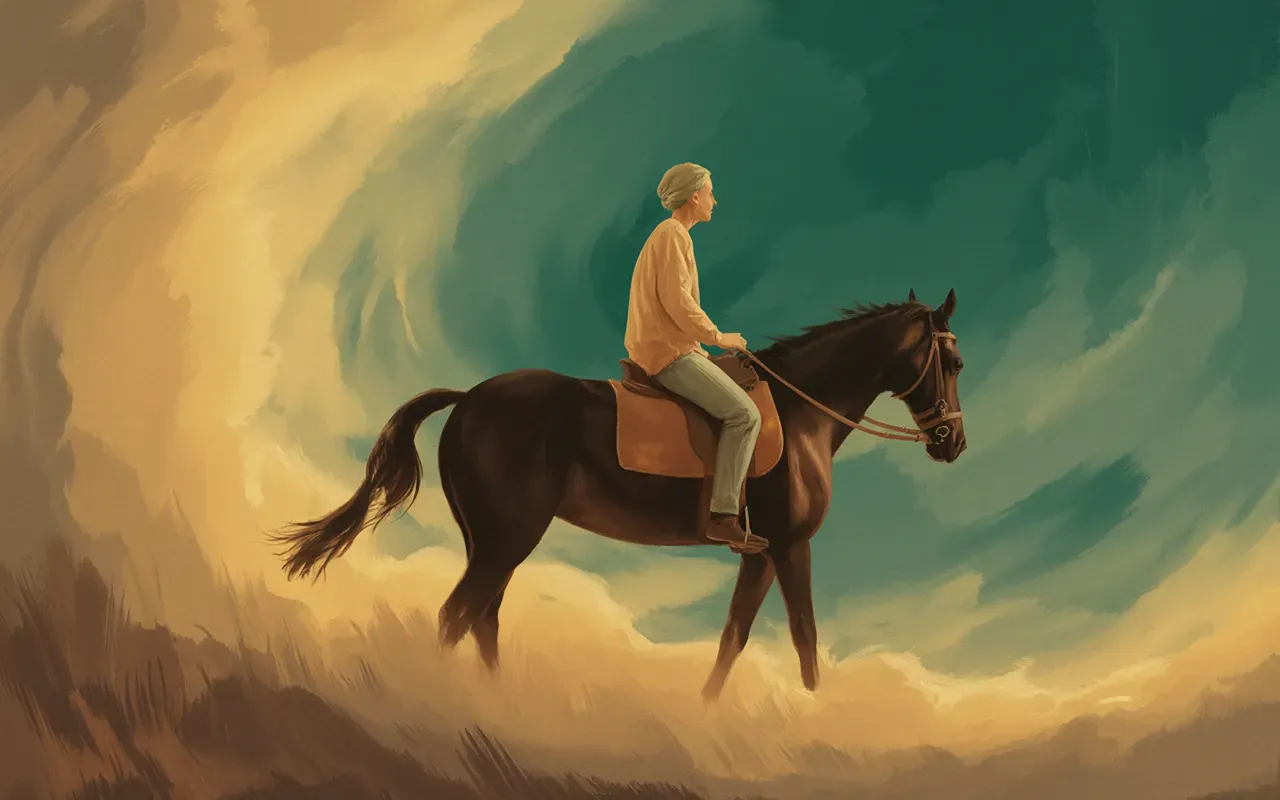Person riding a horse with emotional moment of control and freedom in dreamscape