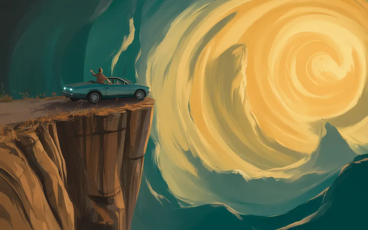 Person experiencing fear while driving off a cliff in a dream