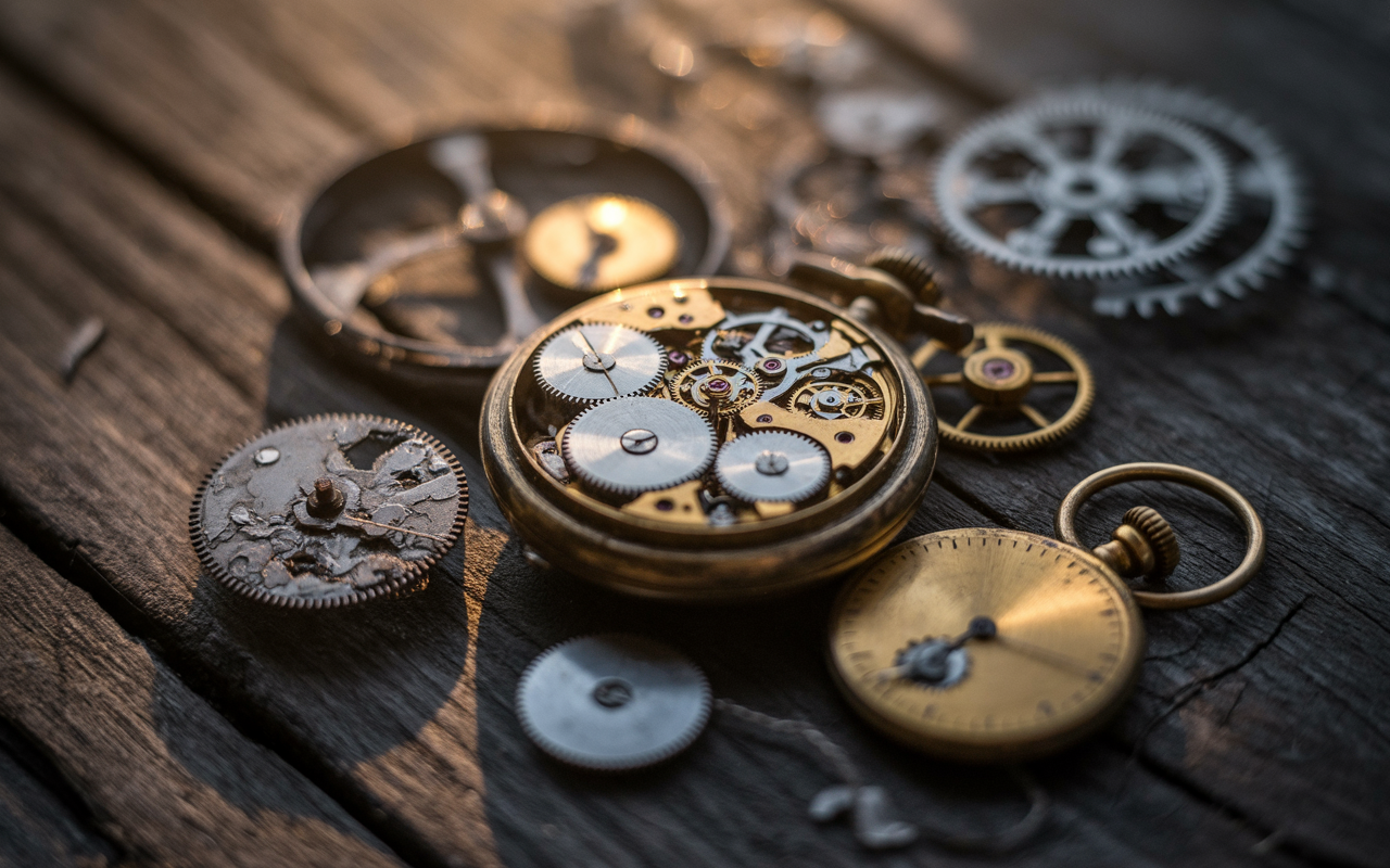 Inner gears of a broken antique pocket watch scattered on dark wood in golden dream light