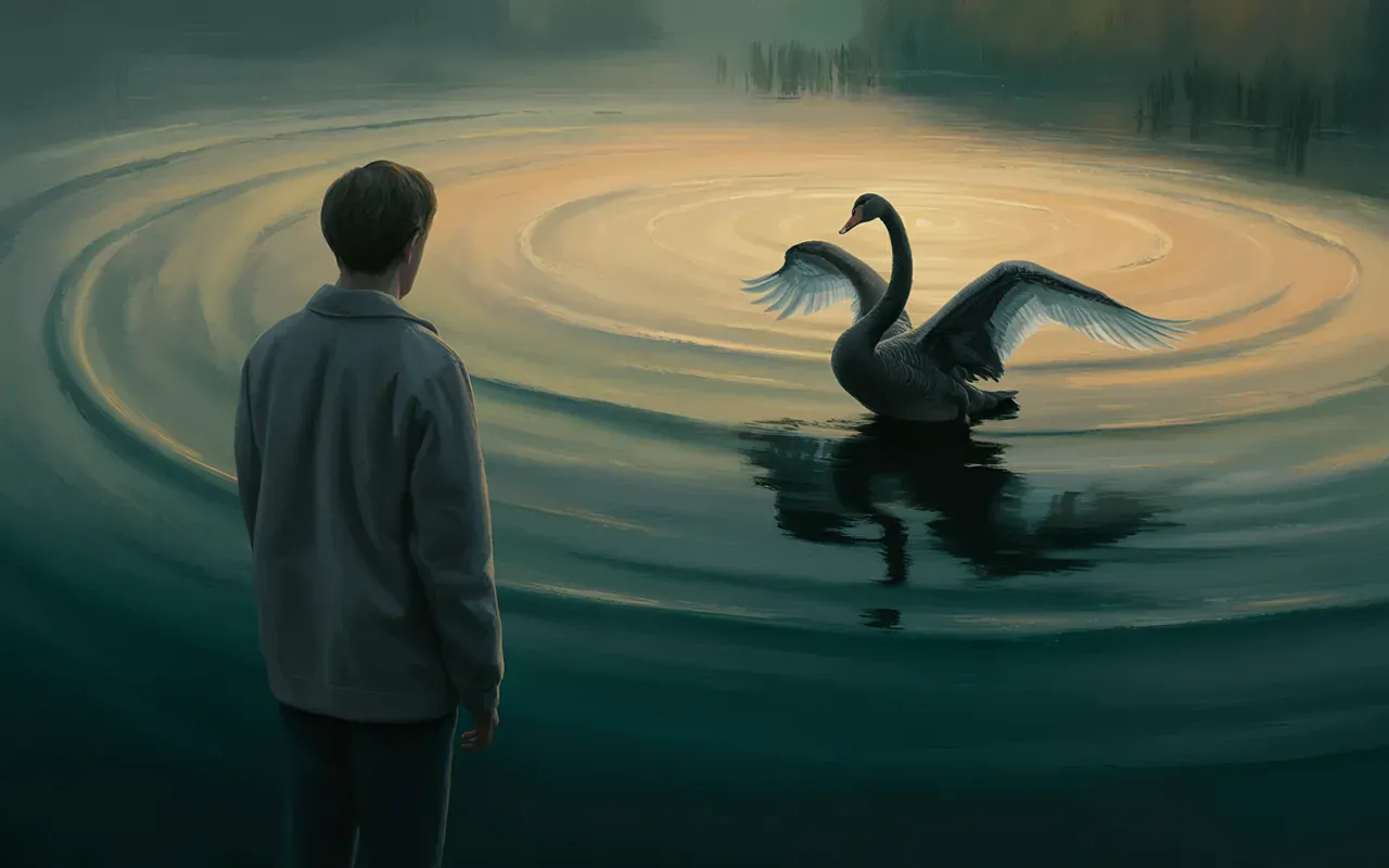 Person standing at a dark lake watching a black swan approach — dream encounter