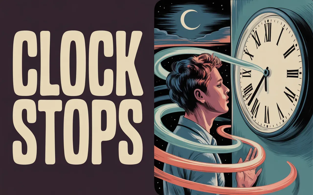 A figure staring at a frozen wall clock in a swirling surrealist dreamscape with teal and coral light