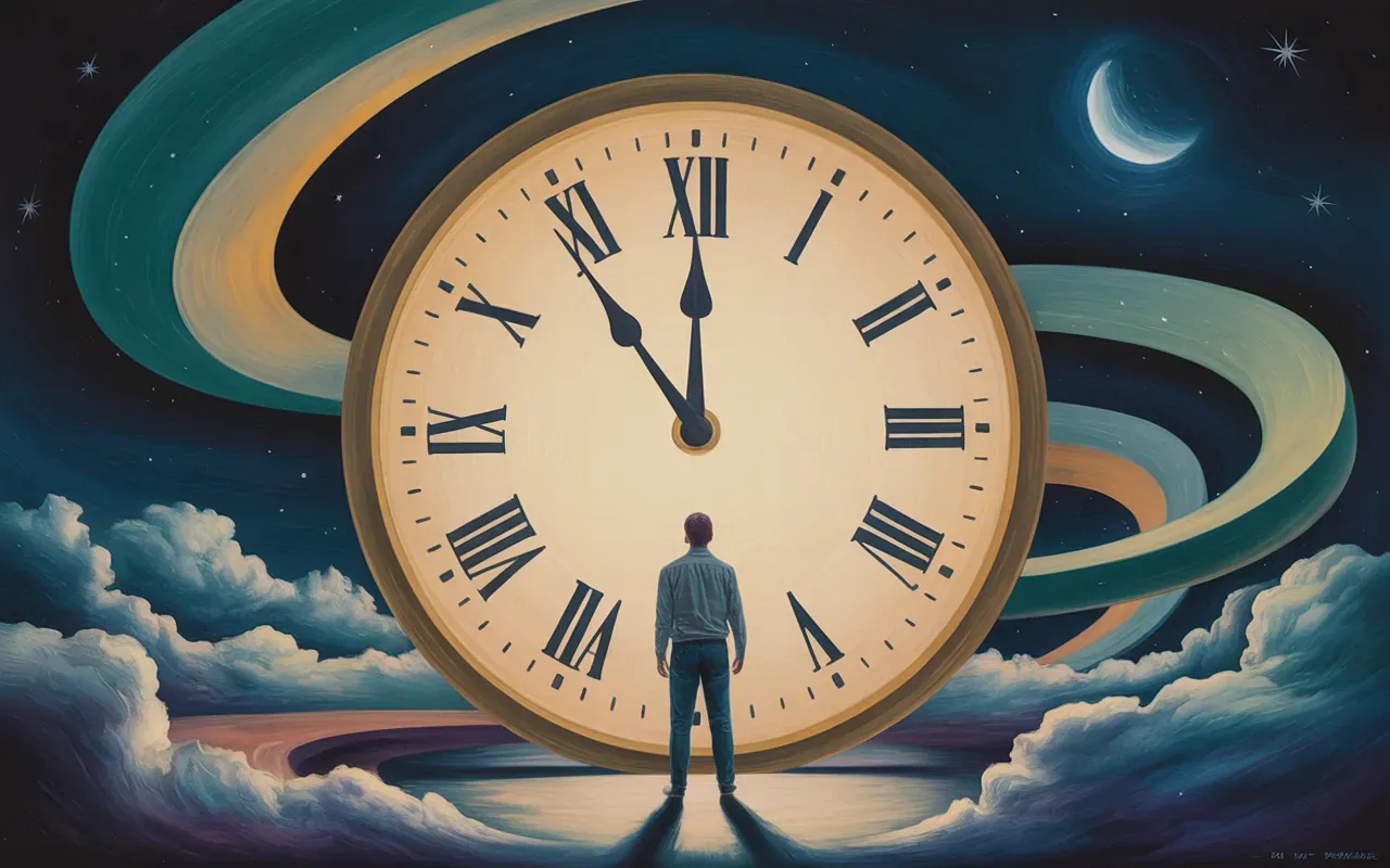 A human figure standing inside a giant frozen clock face in a Jungian dreamscape with teal and amber light