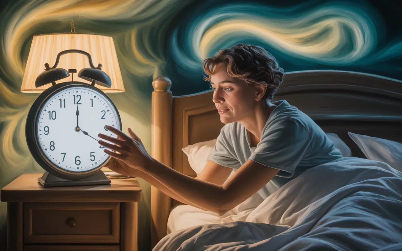 A person reaching toward a bedside clock that has stopped, surrounded by drifting golden and teal dreamscape light