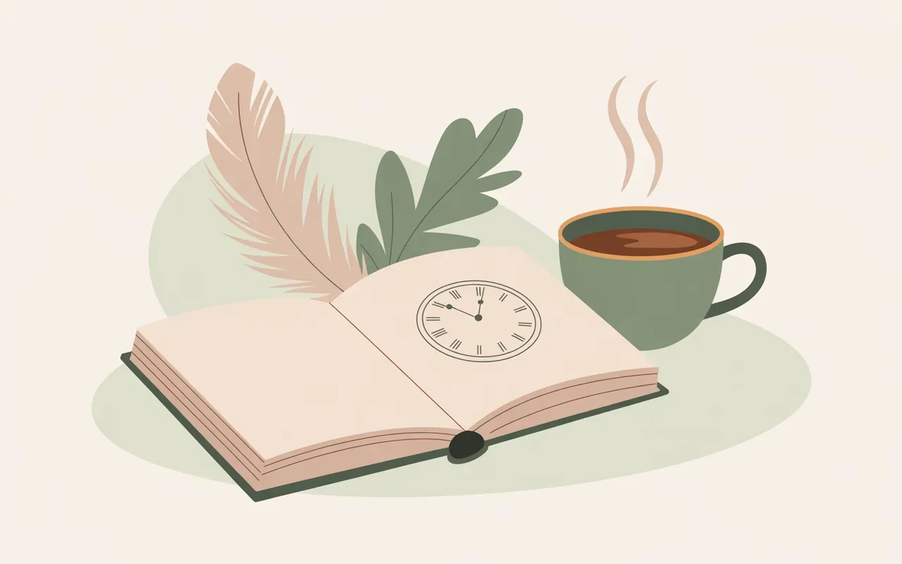 Open journal with a clock sketch and steaming tea, soft sage and cream palette, minimal illustration style