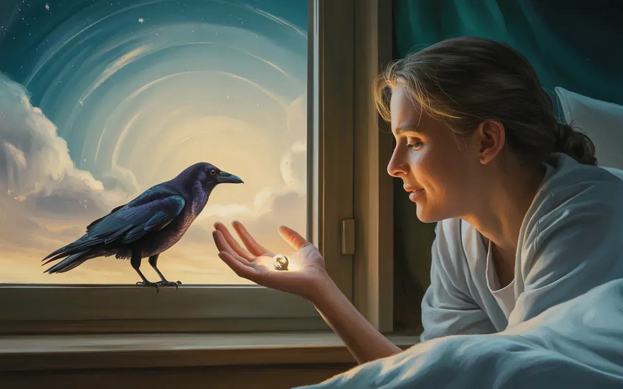 Person receiving a glowing object from a crow in a dream
