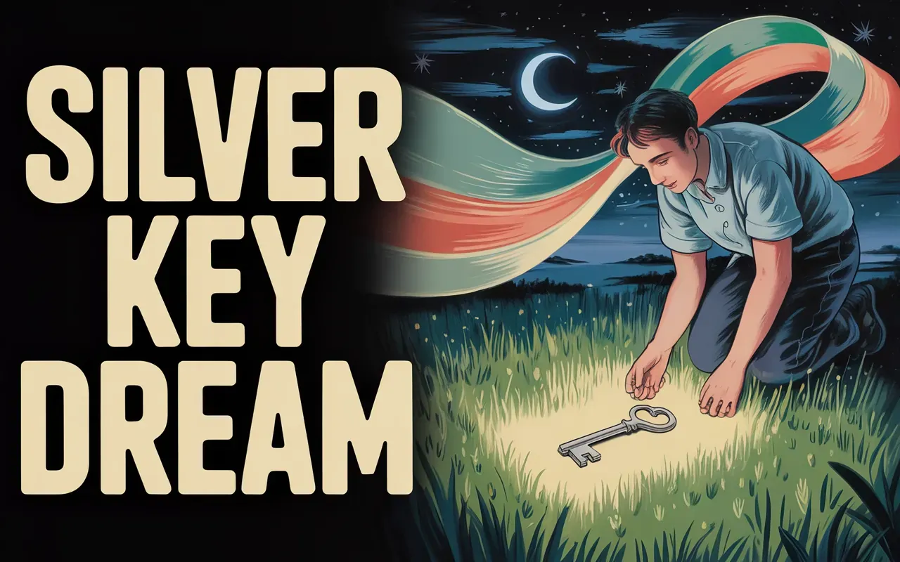 Dream about finding a silver key in the grass — surrealist dreamscape illustration