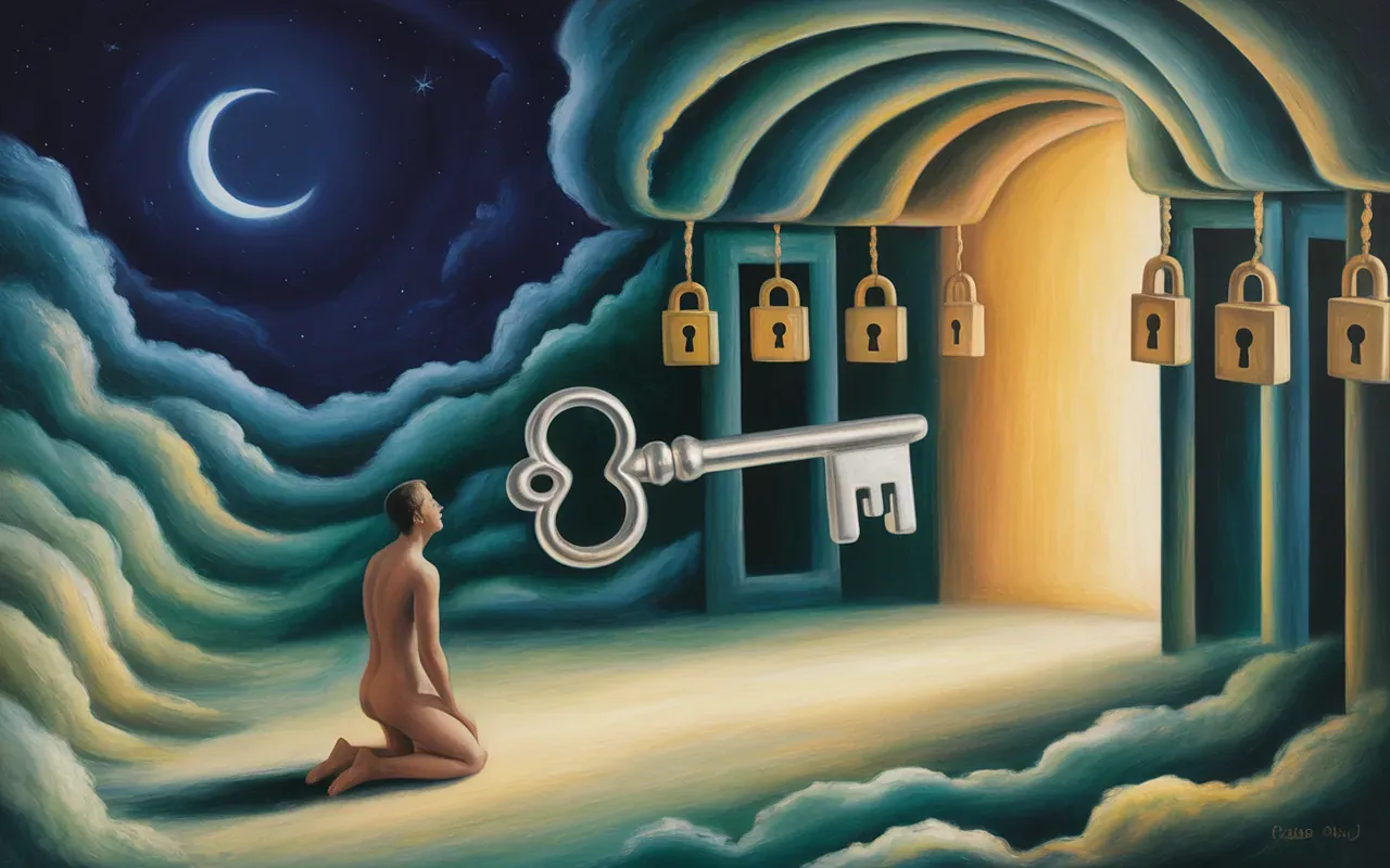 Jungian dreamscape with silver key and archetypal doors — dream psychology illustration
