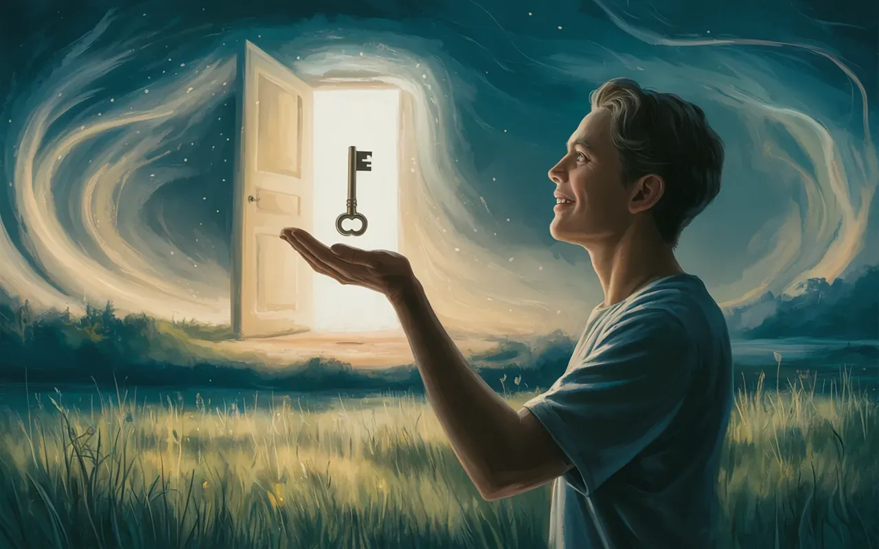 Person holding silver key in moonlit meadow — dream about finding a key illustration