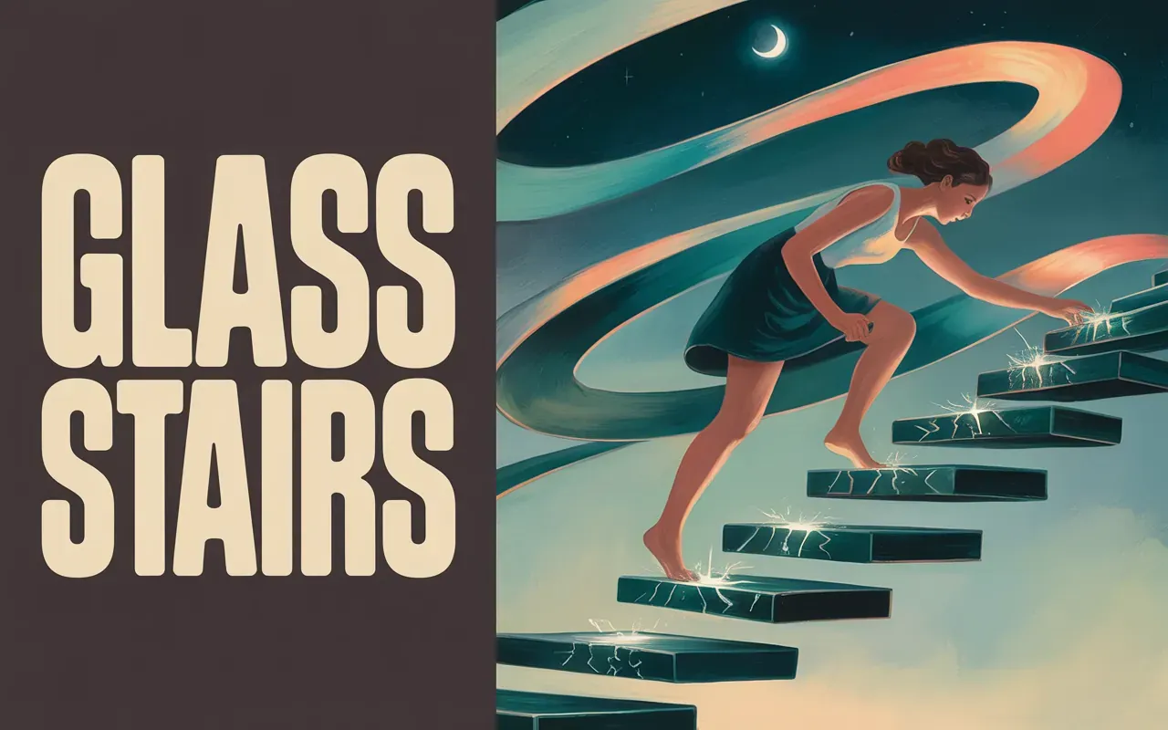 Woman climbing cracking glass stairs in a surrealist dreamscape