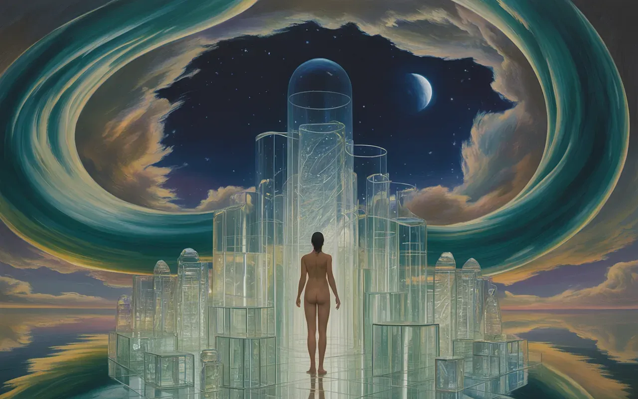 Abstract Jungian dreamscape of transparent glass architecture representing fragile ambitions