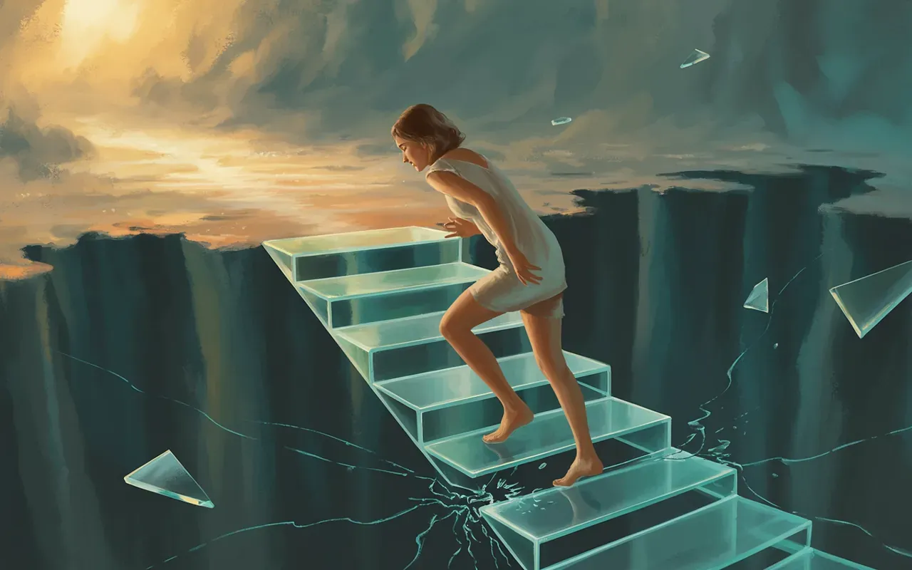 Woman pausing on a cracking glass staircase suspended over an abyss