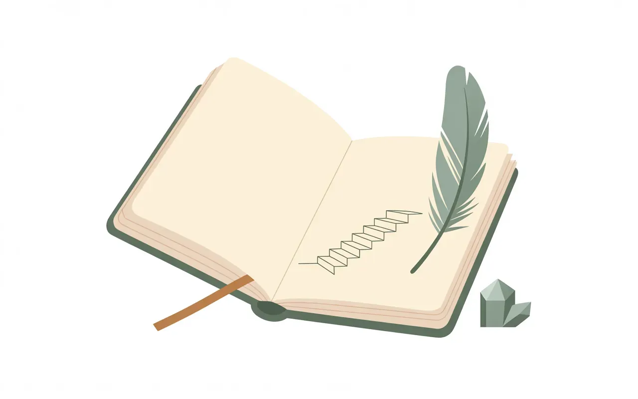 Minimal illustration of a journal and crystal representing dream reflection practice