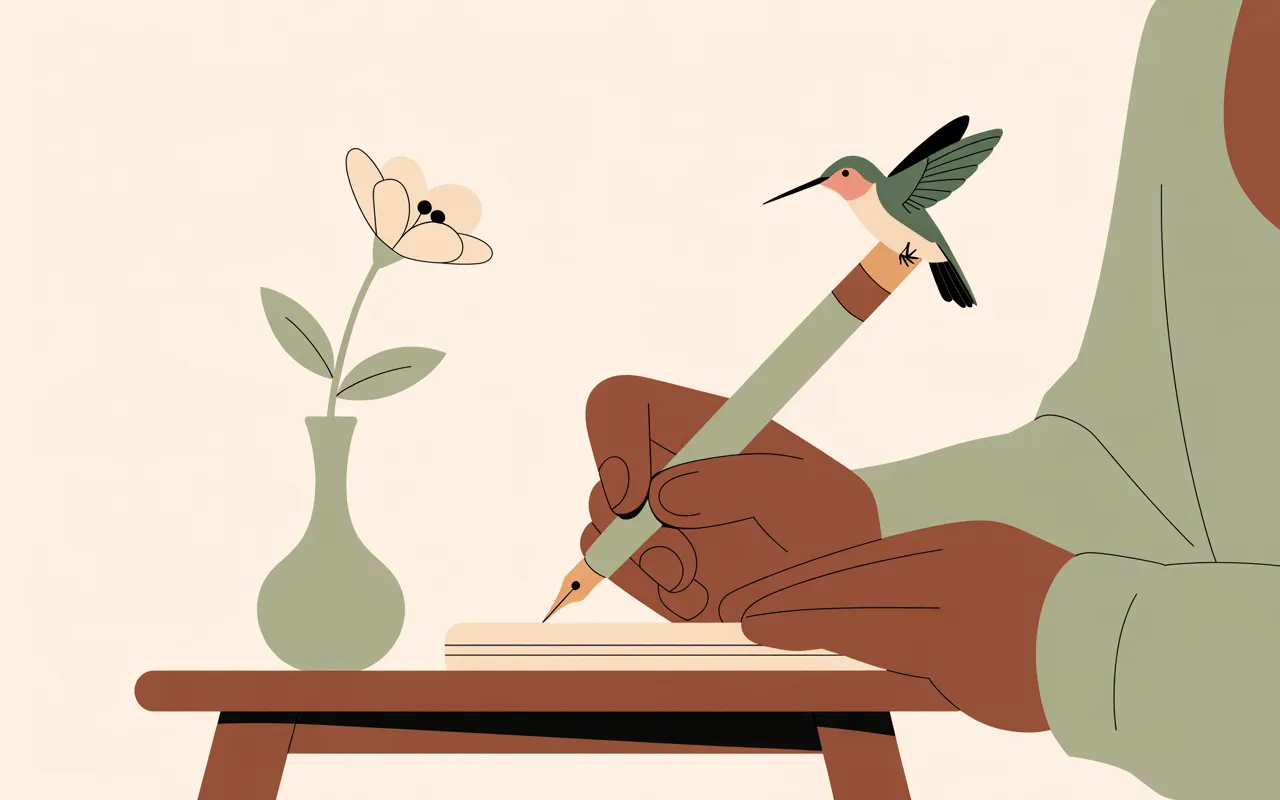 Journaling after a hummingbird dream — a hummingbird perched on a pen nib