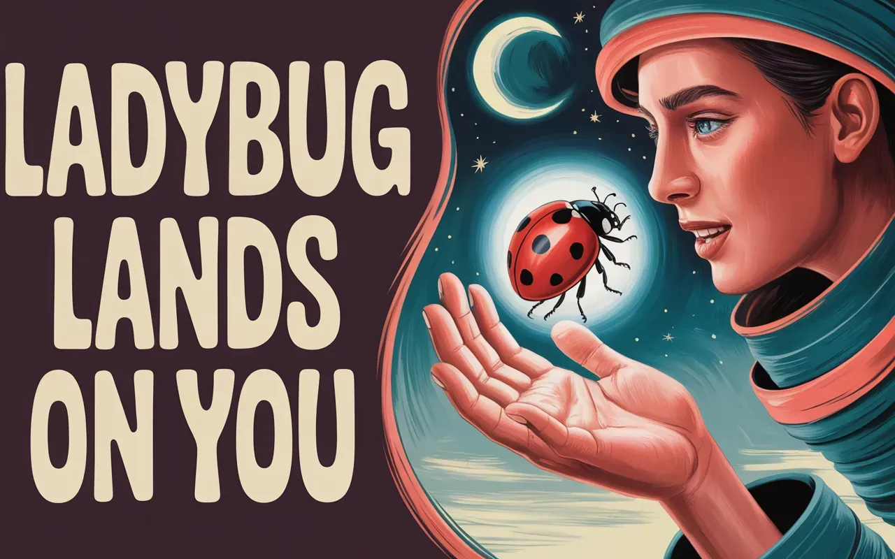 Dream about a ladybug landing on you — surrealist illustration with teal and coral dreamscape