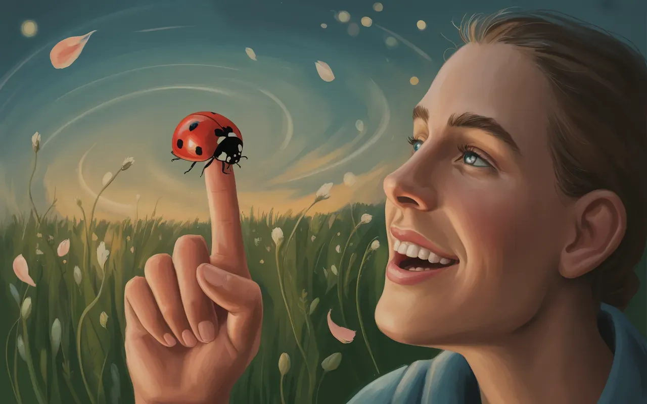 Person experiencing a ladybug landing moment in a dreamscape meadow
