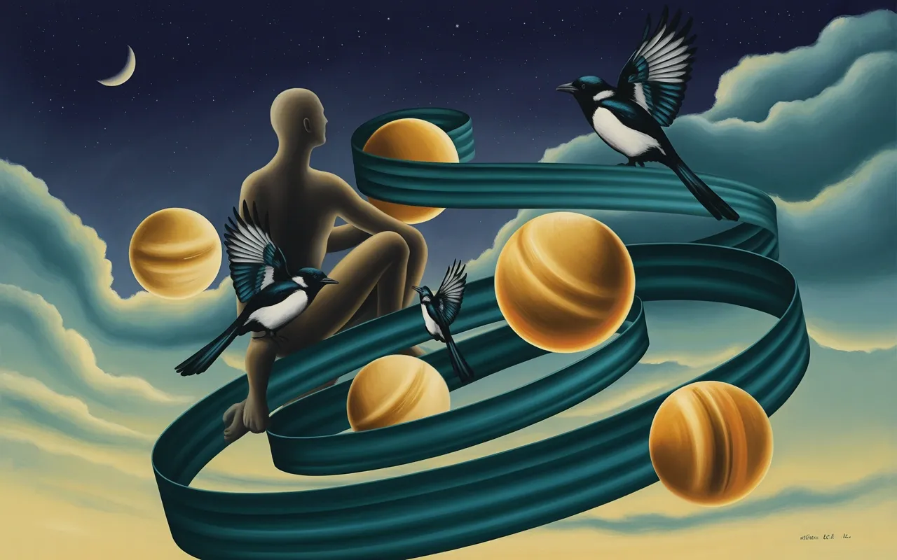 A human figure surrounded by magpies and floating golden objects in a Jungian dreamscape