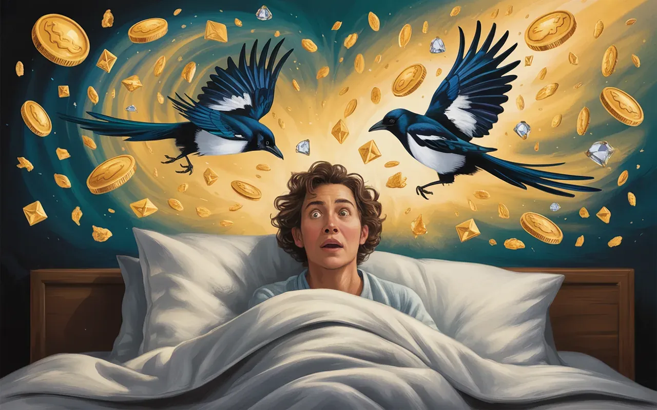 Person waking from a dream surrounded by vision of magpies and floating golden objects