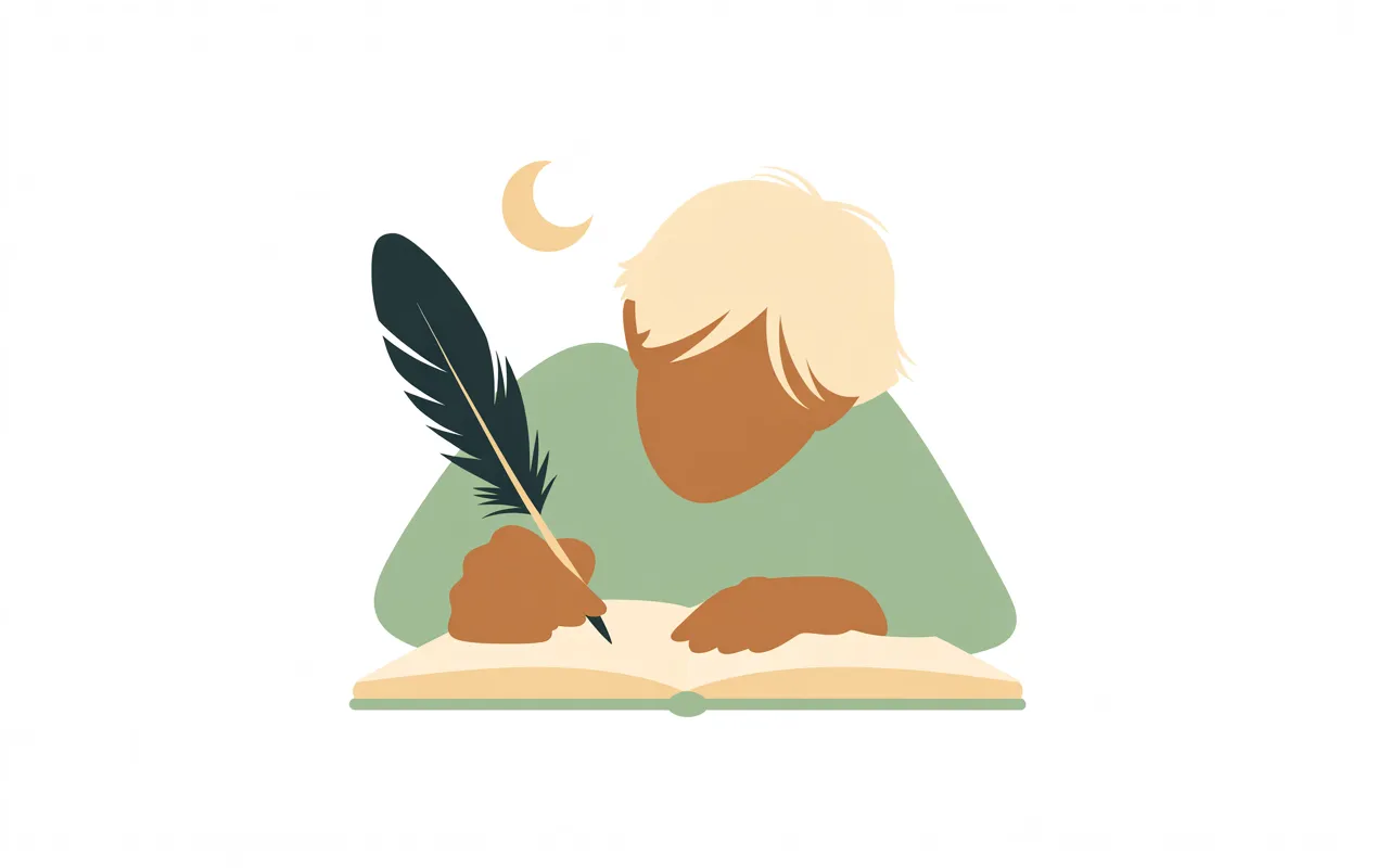 Minimal illustration of a person journaling beside a magpie feather and crescent moon