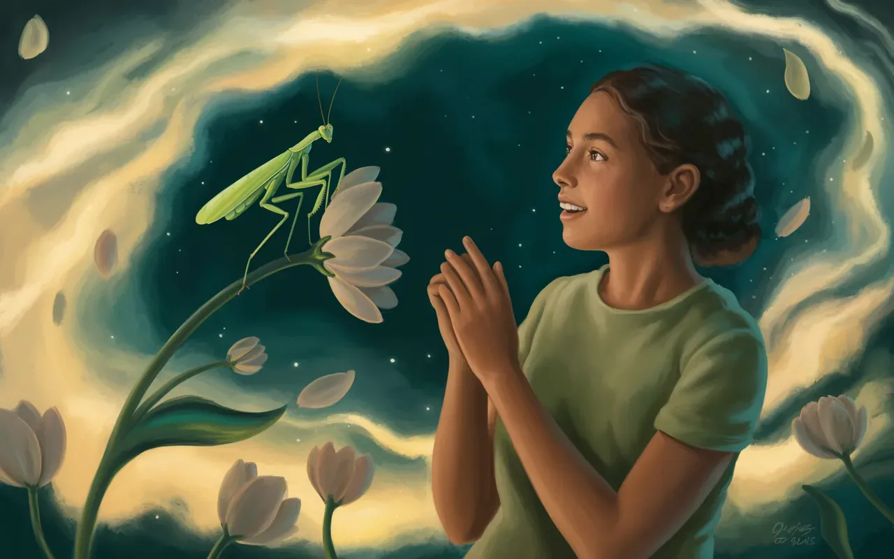 Woman dreaming of a praying mantis in a moonlit garden