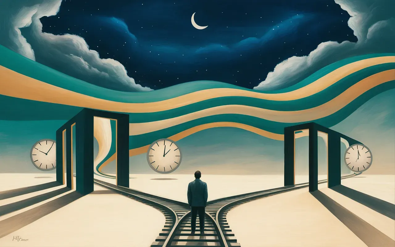 Abstract Jungian dreamscape with melting clocks and train tracks spiraling into darkness