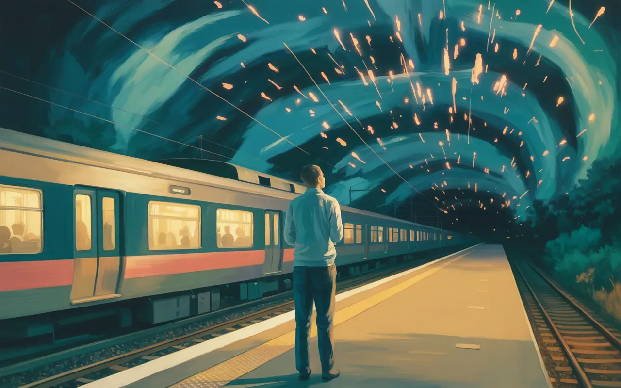 Person standing alone on a night platform watching a train disappear into teal mist