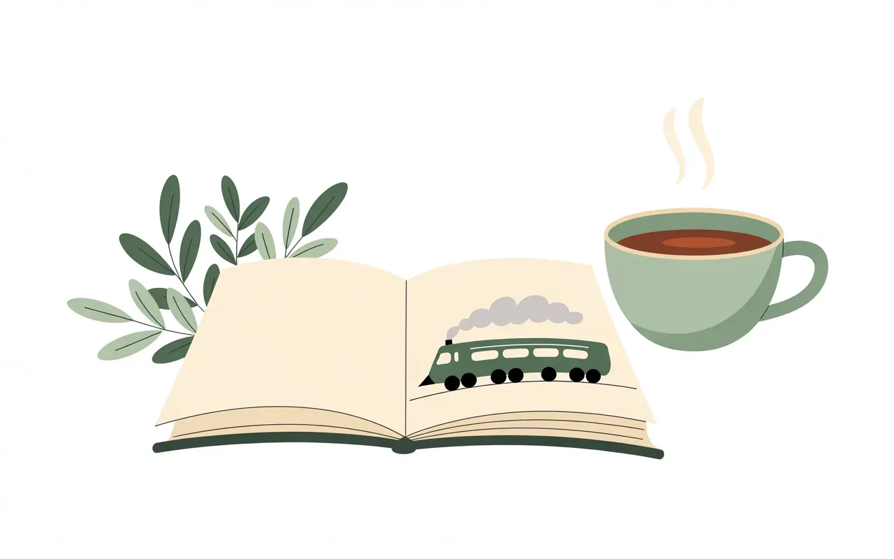 Minimal illustration of an open journal with a small train doodle and steaming tea on sage green background