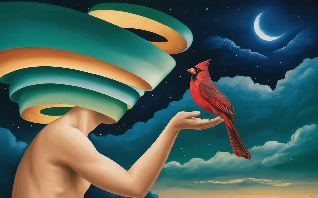 Jungian dreamscape with red cardinal perched on an outstretched hand under a teal and amber night sky