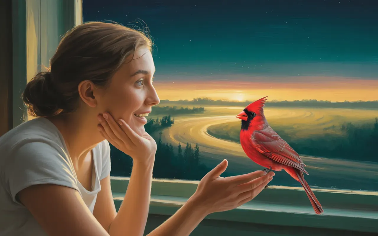 Woman watching a red cardinal land on her window at dawn, contemplative and serene, warm golden light