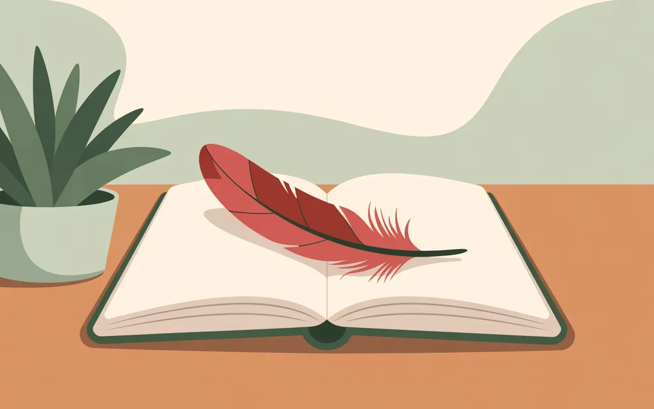 Minimal illustration of an open journal with a red cardinal feather, sage green and cream tones