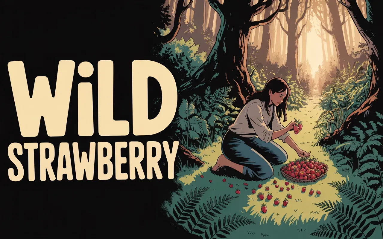 Woman picking wild strawberries in a mystical forest — dream meaning illustration