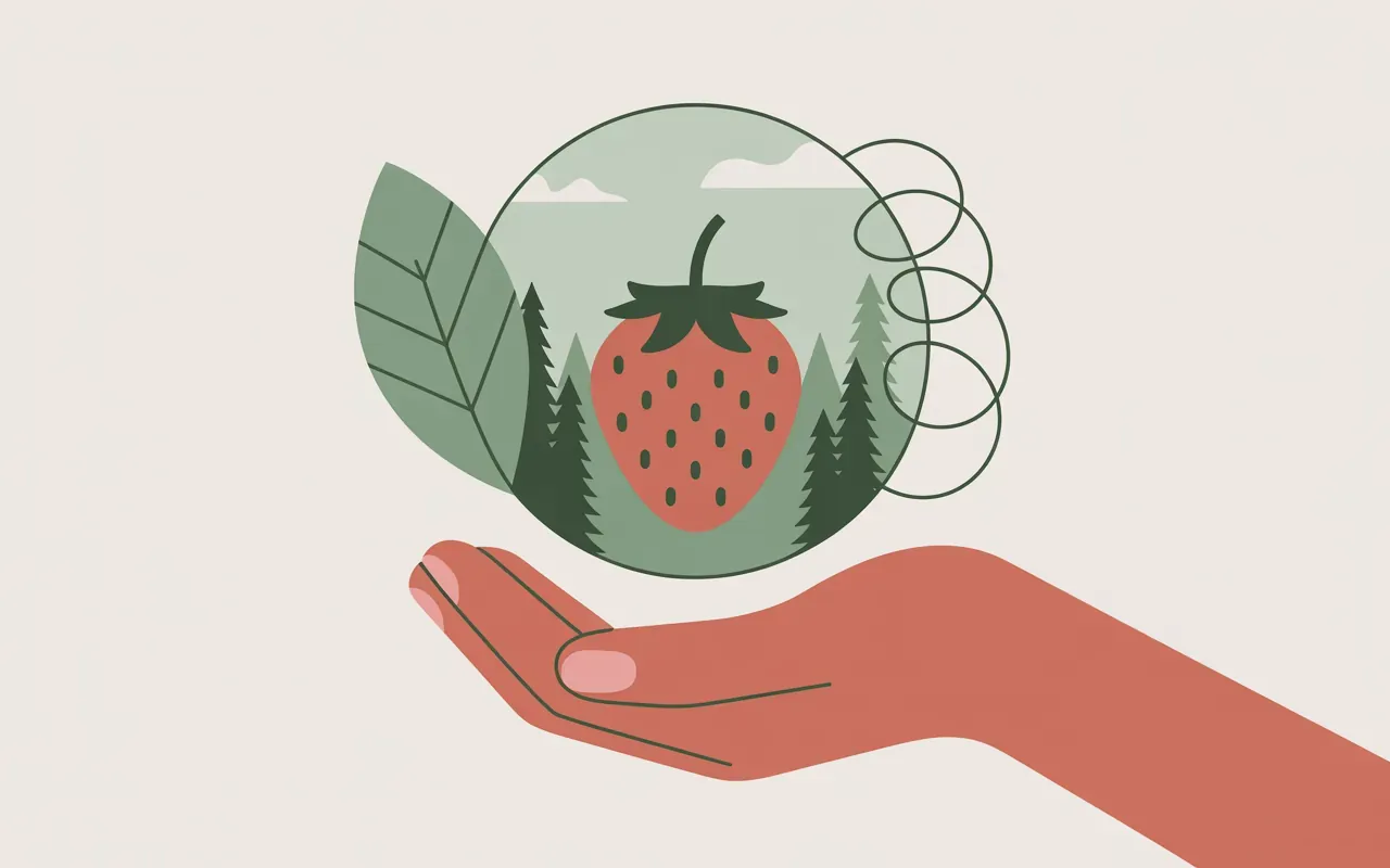 Minimal illustration of a hand holding a strawberry above a forest reflection — post-dream reflection
