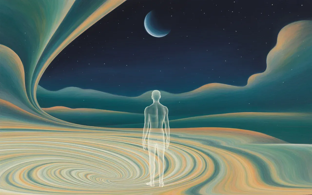 Translucent figure standing in a swirling void of impossible dream colors with teal and amber ribbons under a crescent moon