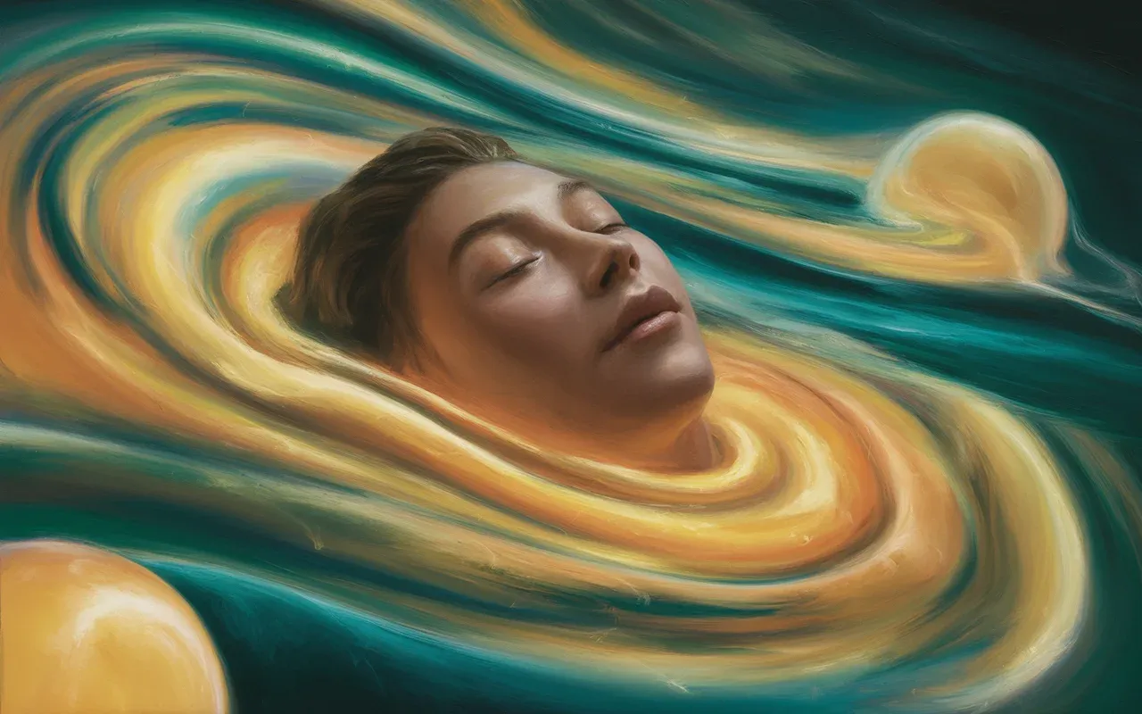Person floating with closed eyes in a dreamscape of swirling impossible colors with golden and teal light