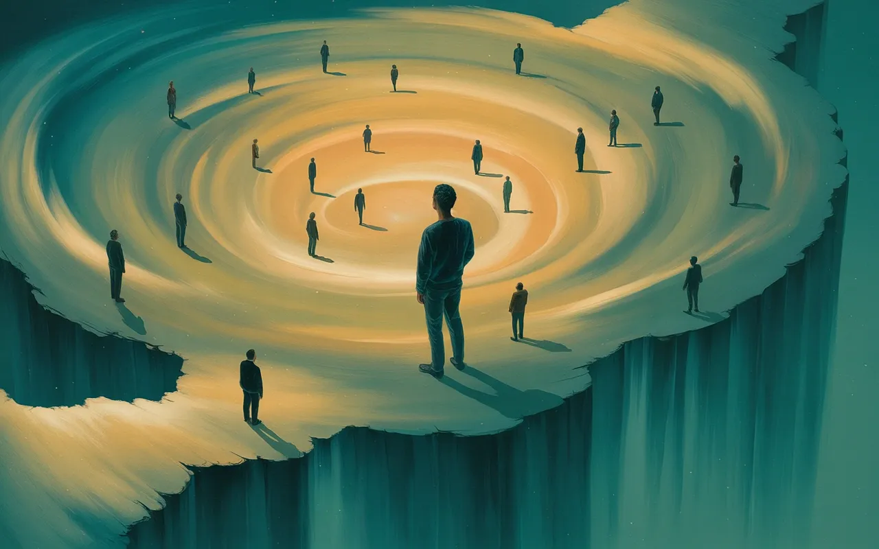 A person standing at extraordinary height in a surrealist dreamscape, looking down at a miniature world below, warm teal and golden light swirling around them