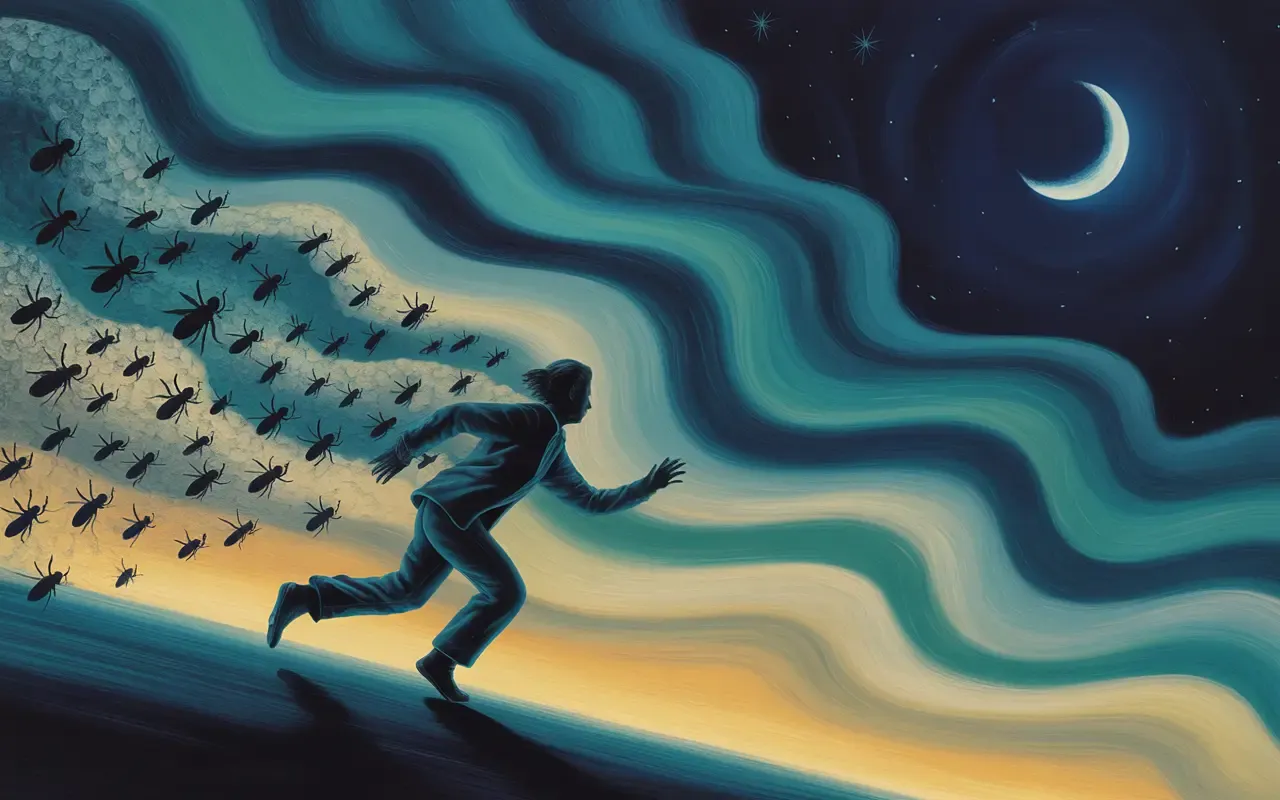 Jungian dreamscape showing person fleeing insect swarm with teal and amber light ribbons in surrealist night sky