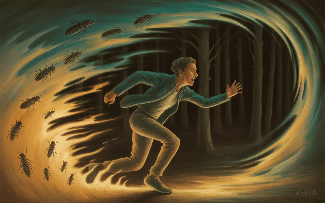 Person running through dreamscape forest as dark insects dissolve into swirling teal and amber light
