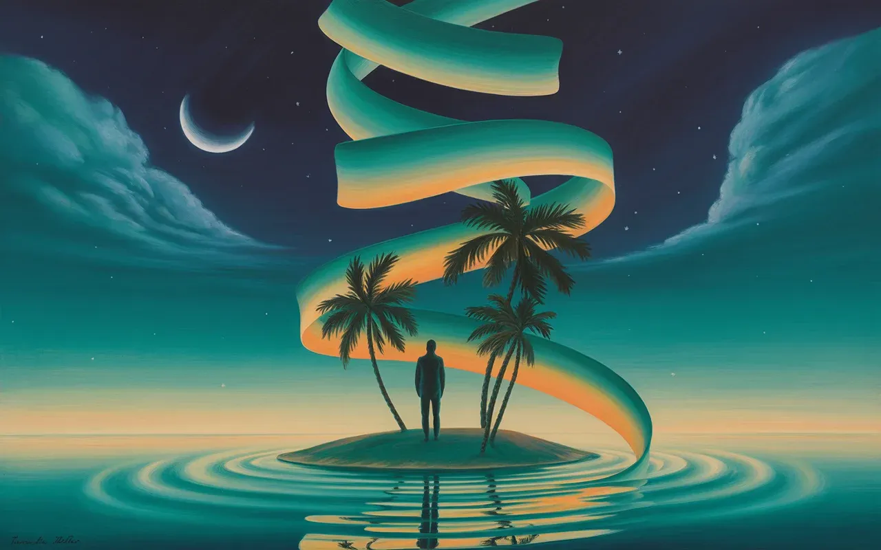 Solitary figure standing on a dreamlike deserted island under a crescent moon with swirling teal and amber light